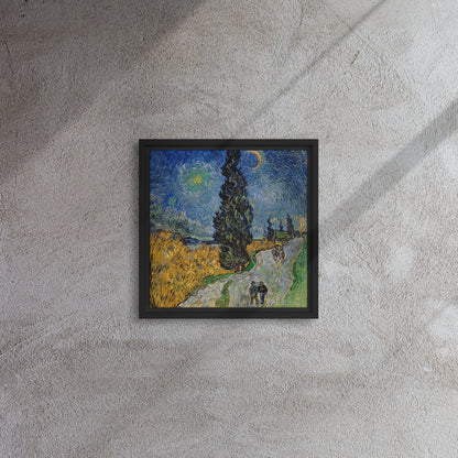 Van Gogh's 'Road with Cypress and Star' on a 12"x12" black framed canvas print on a textured gray wall.