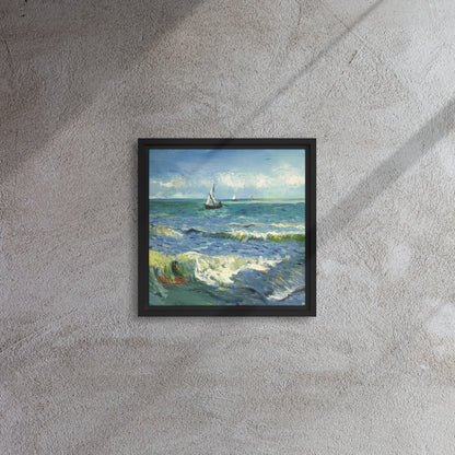 Van Gogh's 'The Sea at Les Saintes-Maries-de-la-Mer' on a 12"x12" black framed canvas print on a textured gray wall.