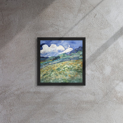 Van Gogh's 'Landscape from Saint-Rémy' on a 12"x12" black framed canvas print on a textured gray wall.