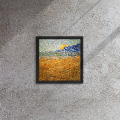 Van Gogh's 'Landscape with Wheat Sheaves and Rising Moon' on a 12"x12" black framed canvas print on a textured gray wall.