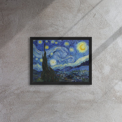 Van Gogh's 'Starry Night' on a 12"x16" black framed canvas print on a textured gray wall.