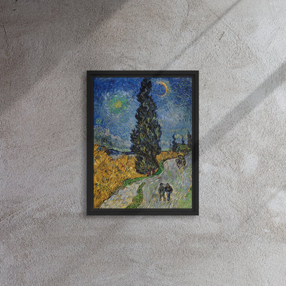 Van Gogh's 'Road with Cypress and Star' on a 12"x16" black framed canvas print on a textured gray wall.
