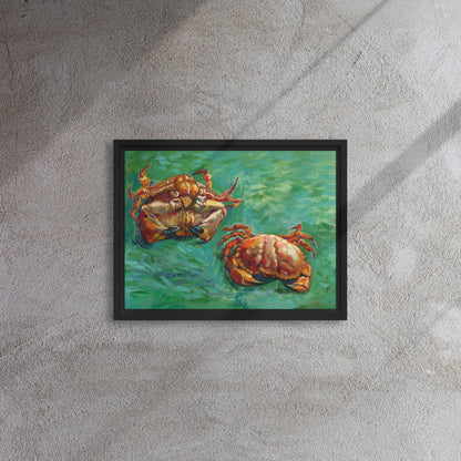 Van Gogh's 'Two Crabs' on a 12"x16" black framed canvas print on a textured gray wall.