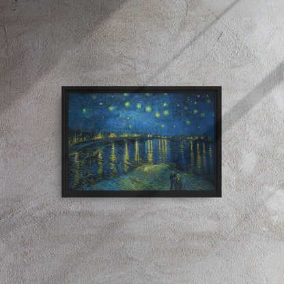 Van Gogh's 'Starry Night Over the Rhone' on a 12"x18" black framed canvas print on a textured gray wall.