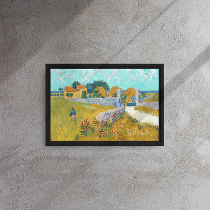 Van Gogh's 'Farmhouse in Provence' on a 12"x18" black framed canvas print on a textured gray wall.