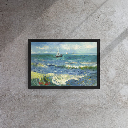 Van Gogh's 'The Sea at Les Saintes-Maries-de-la-Mer' on a 12"x18" black framed canvas print on a textured gray wall.