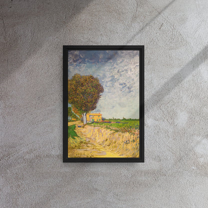 Van Gogh's 'A Lane near Arles' on a 12"x18" black framed canvas print on a textured gray wall.