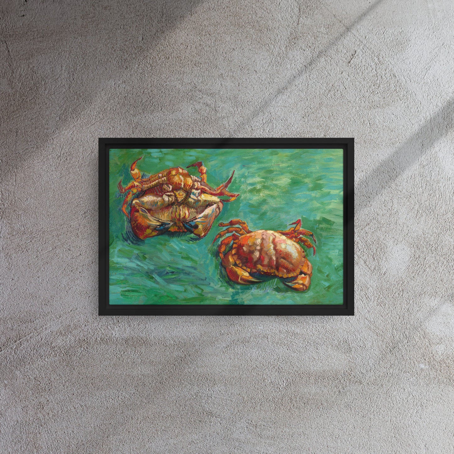 Van Gogh's 'Two Crabs' on a 12"x18" black framed canvas print on a textured gray wall.