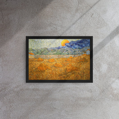 Van Gogh's 'Landscape with Wheat Sheaves and Rising Moon' on a 12"x18" black framed canvas print on a textured gray wall.