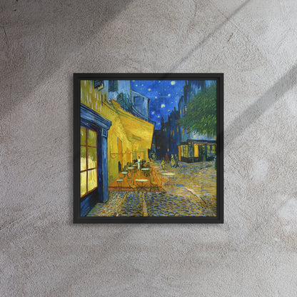 Van Gogh's 'Café Terrace at Night' on a 16"x16" black framed canvas print on a textured gray wall.