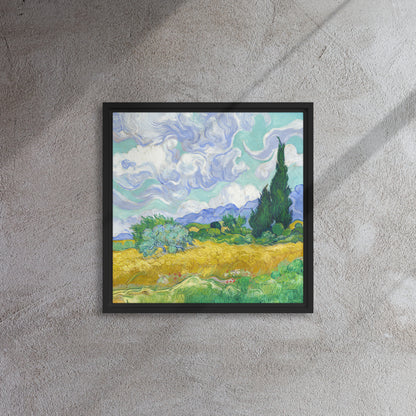 Van Gogh's 'Wheat Field with Cypresses' on a 16"x16" black framed canvas print on a textured gray wall.