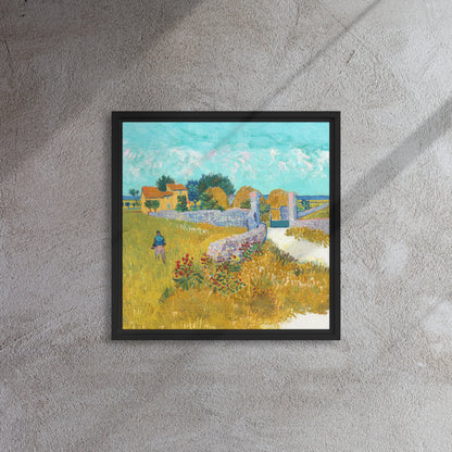 Van Gogh's 'Farmhouse in Provence' on a 16"x16" black framed canvas print on a textured gray wall.
