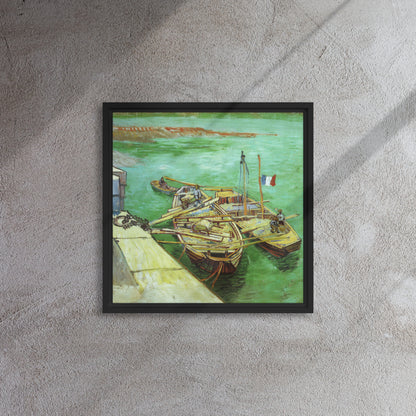 Van Gogh's 'Quay with Men Unloading Sand Barges' on a 16"x16" black framed canvas print on a textured gray wall.