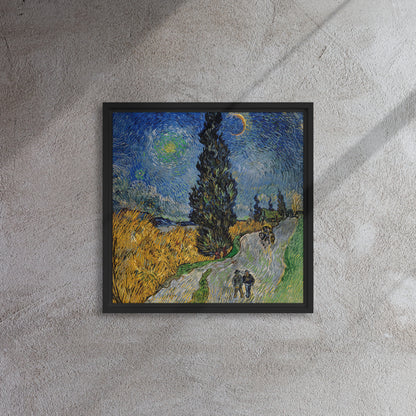 Van Gogh's 'Road with Cypress and Star' on a 16"x16" black framed canvas print on a textured gray wall.