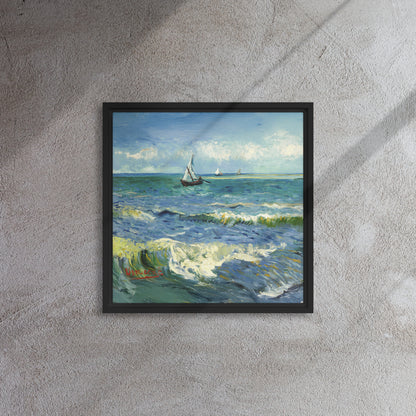 Van Gogh's 'The Sea at Les Saintes-Maries-de-la-Mer' on a 16"x16" black framed canvas print on a textured gray wall.