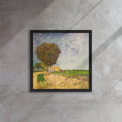 Van Gogh's 'A Lane near Arles' on a 16"x16" black framed canvas print on a textured gray wall.
