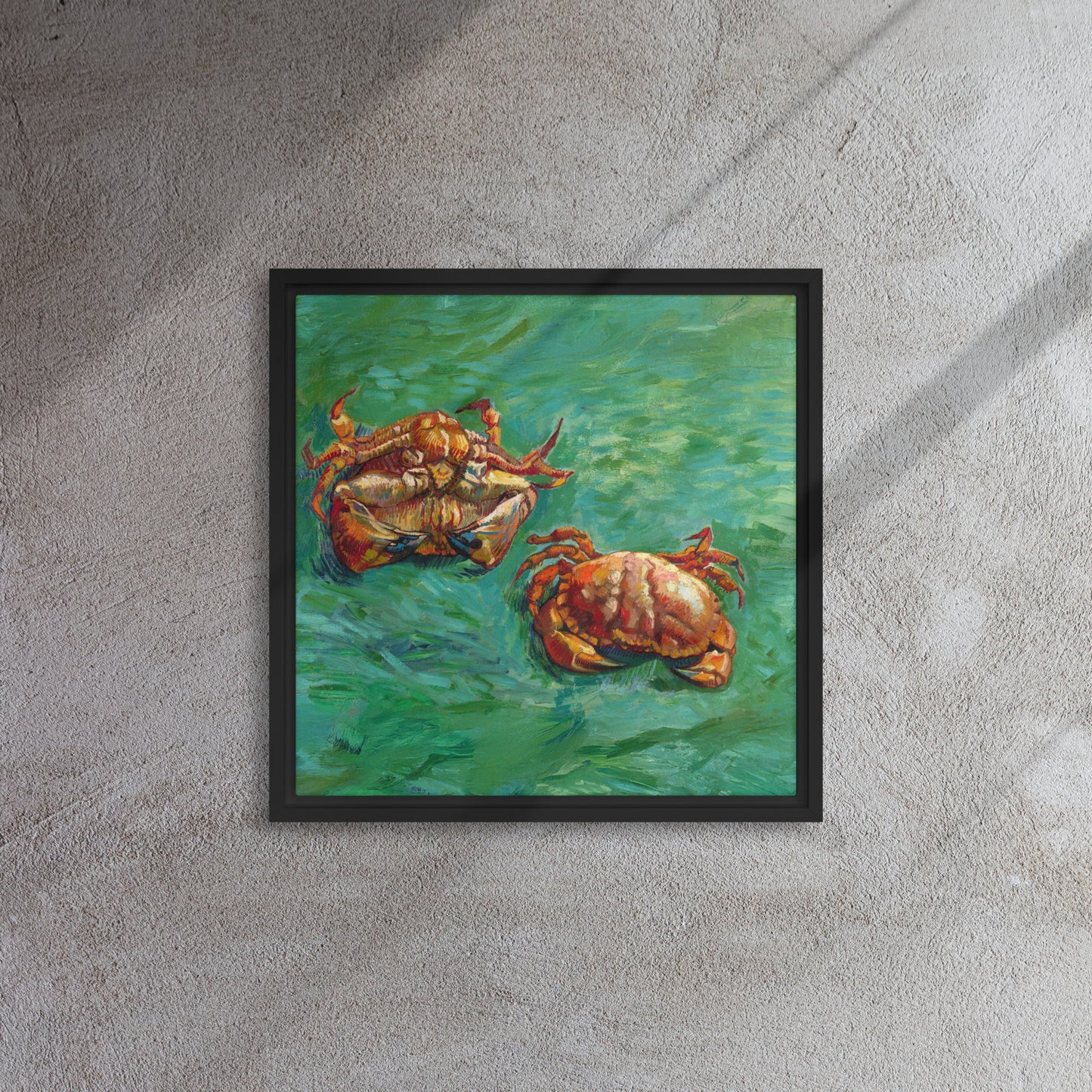 Van Gogh's 'Two Crabs' on a 16"x16" black framed canvas print on a textured gray wall.