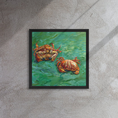 Van Gogh's 'Two Crabs' on a 16"x16" black framed canvas print on a textured gray wall.
