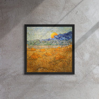 Van Gogh's 'Landscape with Wheat Sheaves and Rising Moon' on a 16"x16" black framed canvas print on a textured gray wall.