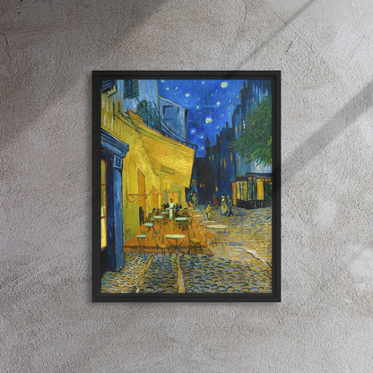 Van Gogh's 'Café Terrace at Night' on a 16"x20" black framed canvas print on a textured gray wall.