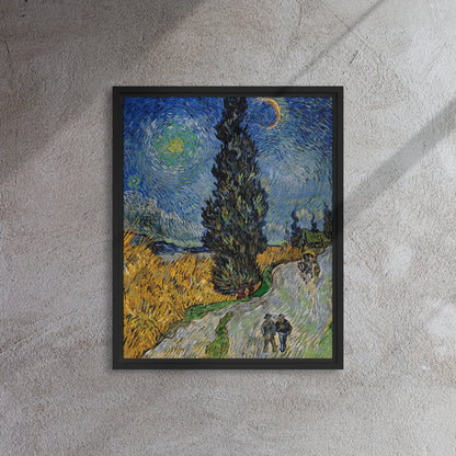 Van Gogh's 'Road with Cypress and Star' on a 16"x20" black framed canvas print on a textured gray wall.