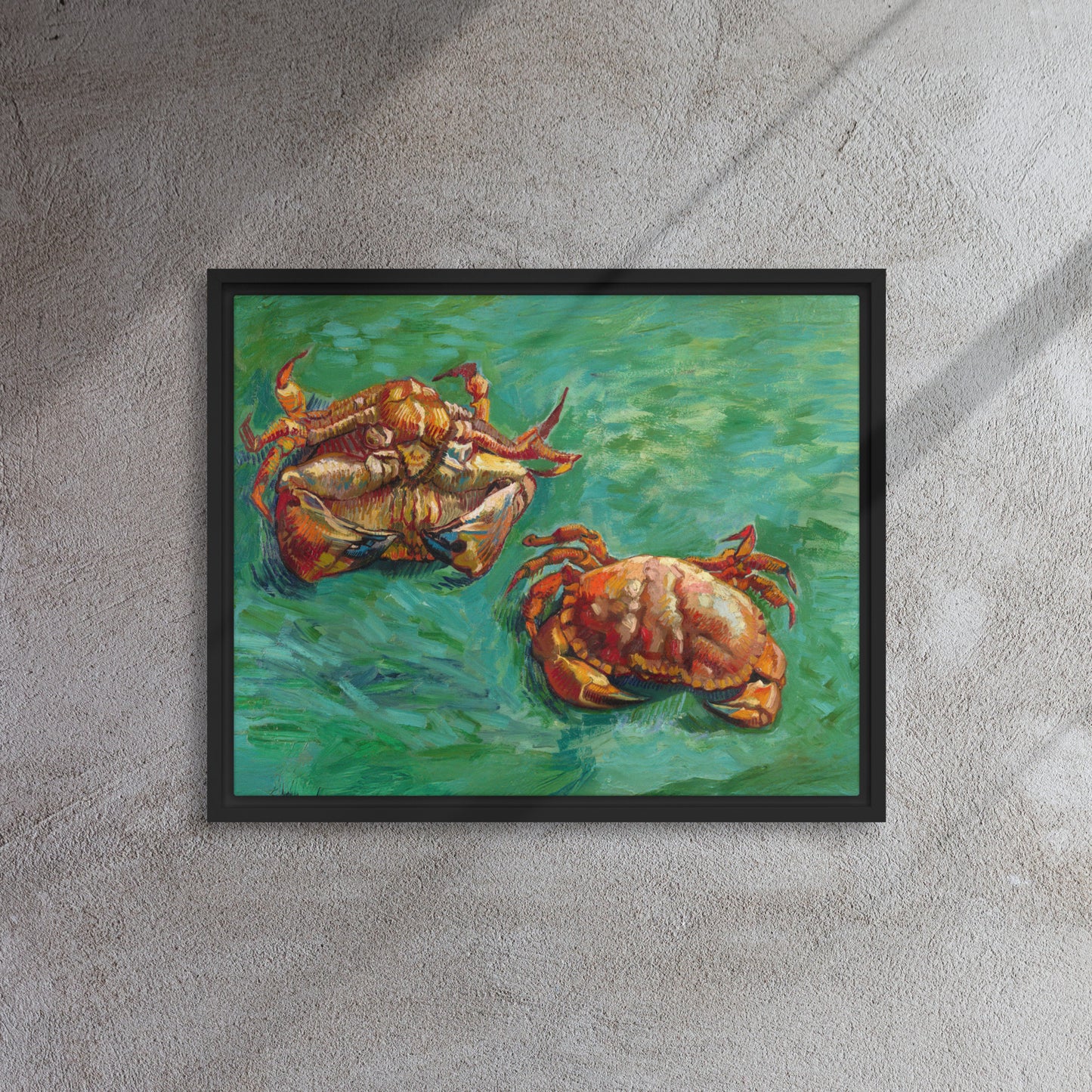 Van Gogh's 'Two Crabs' on a 16"x20" black framed canvas print on a textured gray wall.