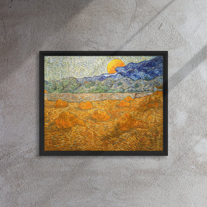 Van Gogh's 'Landscape with Wheat Sheaves and Rising Moon' on a 16"x20" black framed canvas print on a textured gray wall.