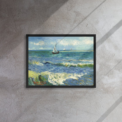 Van Gogh's 'The Sea at Les Saintes-Maries-de-la-Mer' on a 18"x24" black framed canvas print on a textured gray wall.