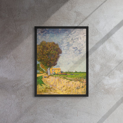 Van Gogh's 'A Lane near Arles' on a 18"x24" black framed canvas print on a textured gray wall.