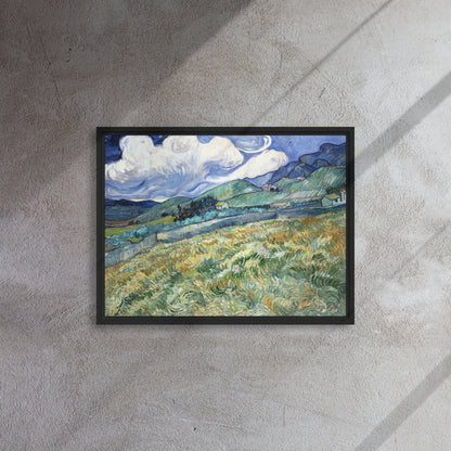 Van Gogh's 'Landscape from Saint-Rémy' on a 18"x24" black framed canvas print on a textured gray wall.