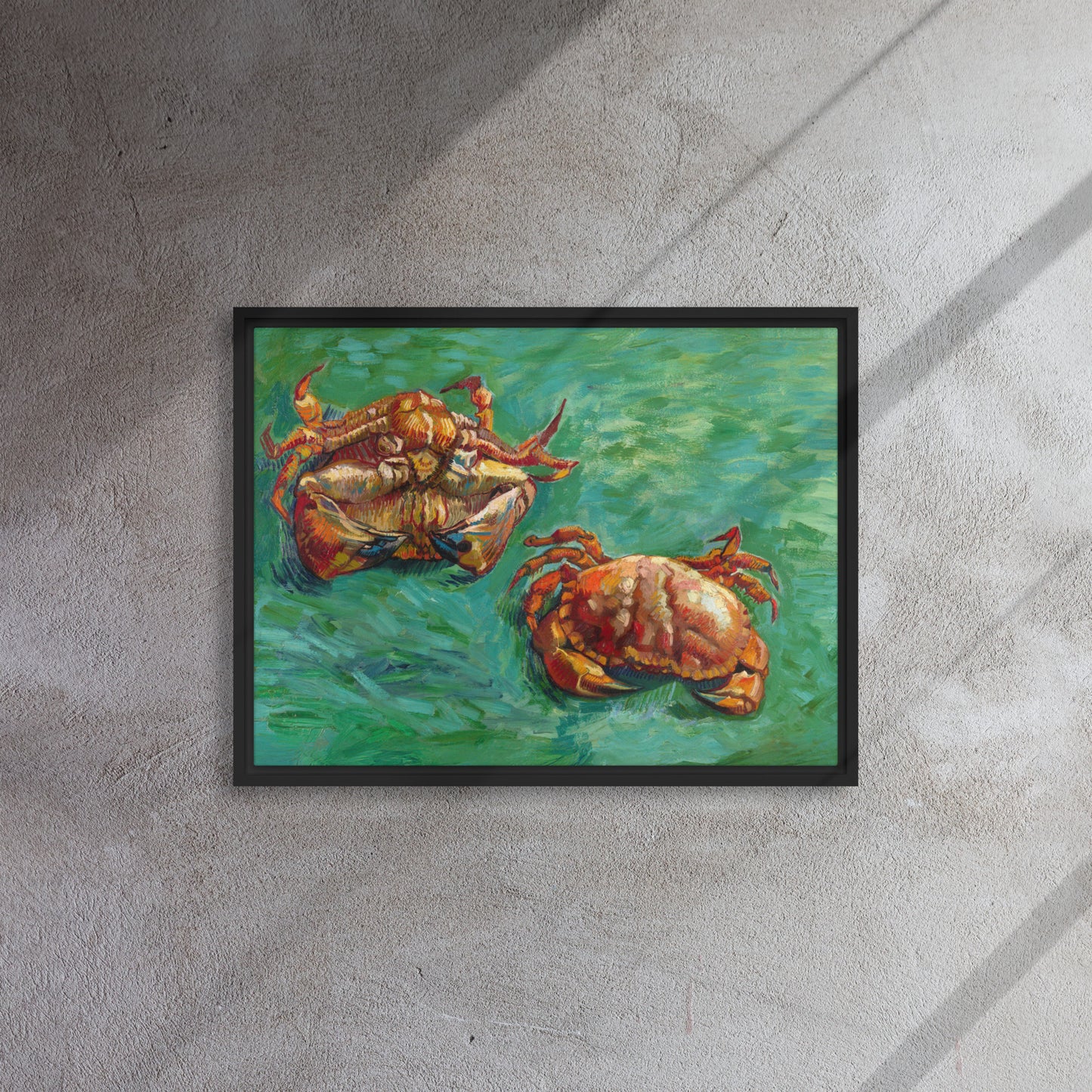 Van Gogh's 'Two Crabs' on a 18"x24" black framed canvas print on a textured gray wall.