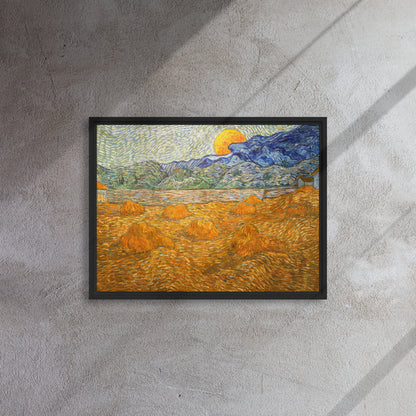 Van Gogh's 'Landscape with Wheat Sheaves and Rising Moon' on a 18"x24" black framed canvas print on a textured gray wall.