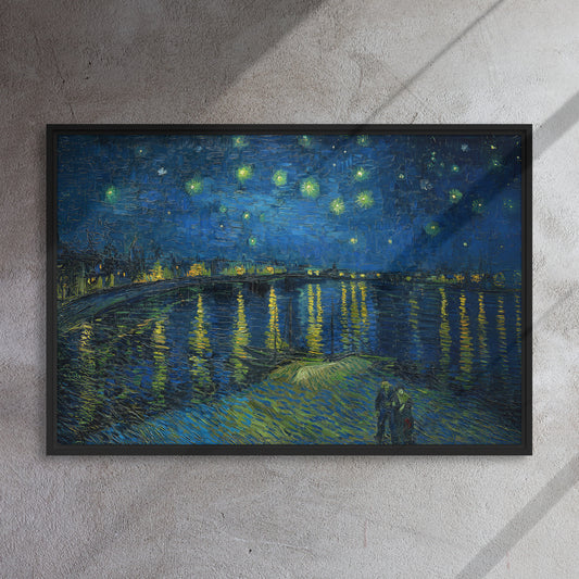 Van Gogh's 'Starry Night Over the Rhone' on a 24"x36" black framed canvas print on a textured gray wall.