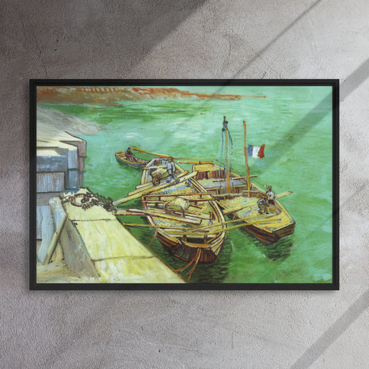 Van Gogh's 'Quay with Men Unloading Sand Barges' on a 24"x36" black framed canvas print on a textured gray wall.