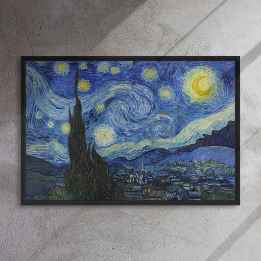 Van Gogh's 'Starry Night' on a 24"x36" black framed canvas print on a textured gray wall.
