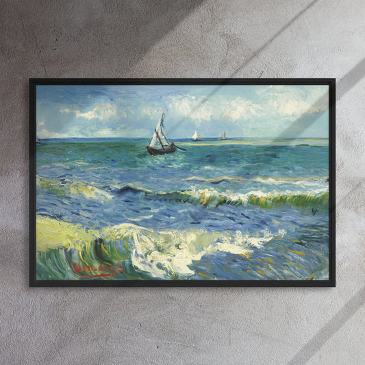 Van Gogh's 'The Sea at Les Saintes-Maries-de-la-Mer' on a 24"x36" black framed canvas print on a textured gray wall.