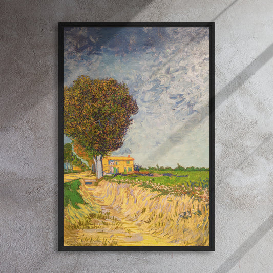Van Gogh's 'A Lane near Arles' on a 24"x36" black framed canvas print on a textured gray wall.