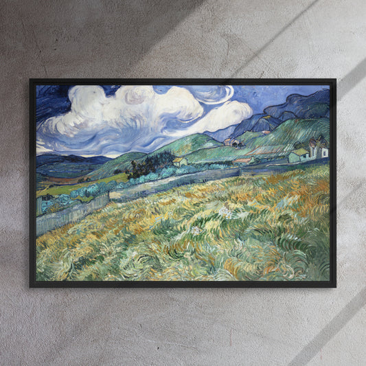 Van Gogh's 'Landscape from Saint-Rémy' on a 24"x36" black framed canvas print on a textured gray wall.