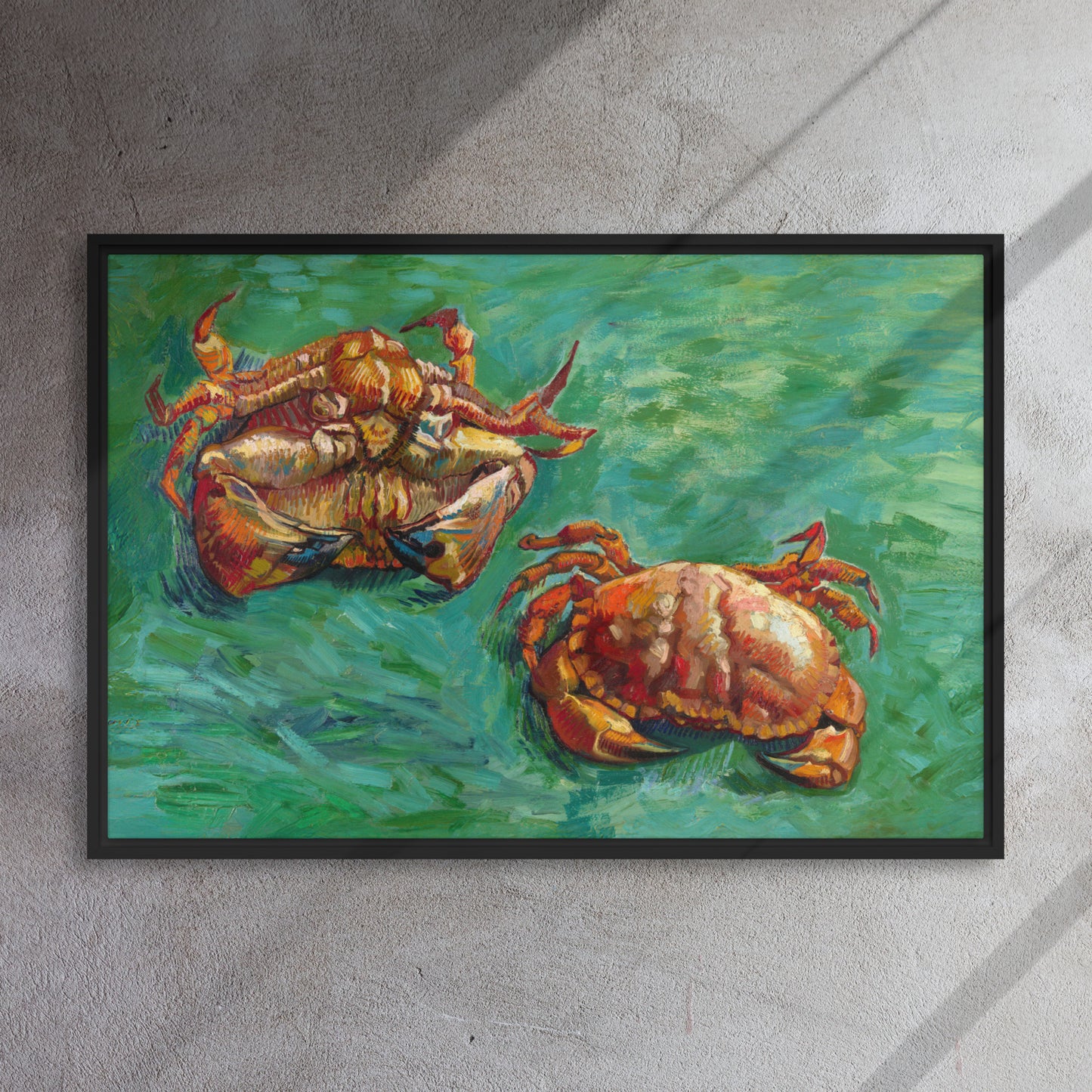 Van Gogh's 'Two Crabs' on a 24"x36" black framed canvas print on a textured gray wall.