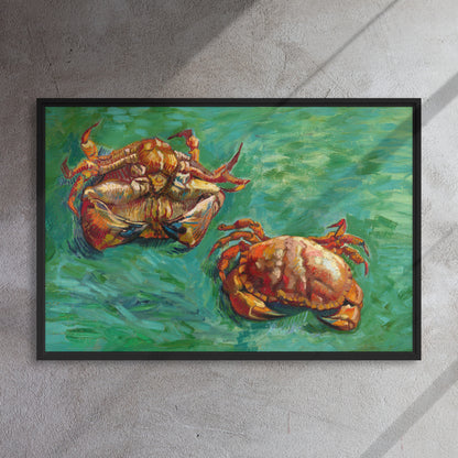 Van Gogh's 'Two Crabs' on a 24"x36" black framed canvas print on a textured gray wall.