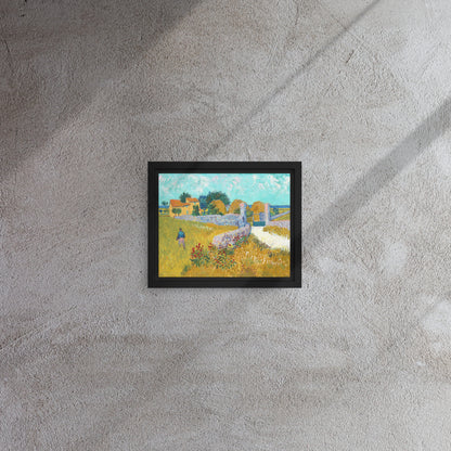 Van Gogh's 'Farmhouse in Provence' on a 8"x10" black framed canvas print on a textured gray wall.