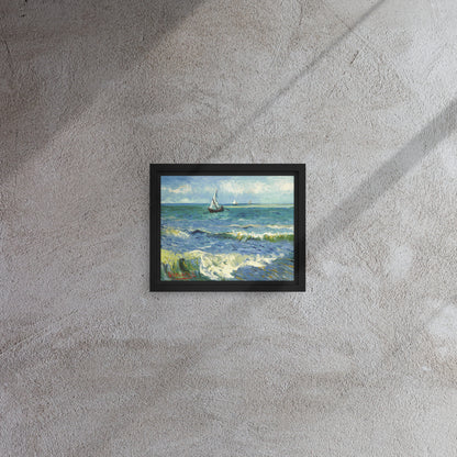 Van Gogh's 'The Sea at Les Saintes-Maries-de-la-Mer' on a 8"x10" black framed canvas print on a textured gray wall.