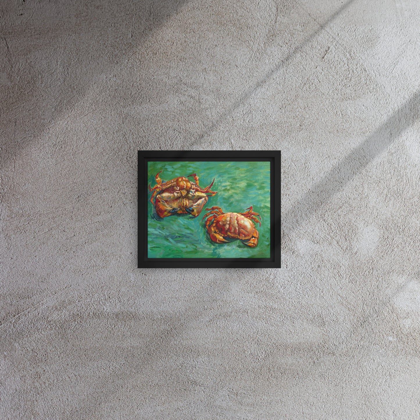 Van Gogh's 'Two Crabs' on a 8"x10" black framed canvas print on a textured gray wall.
