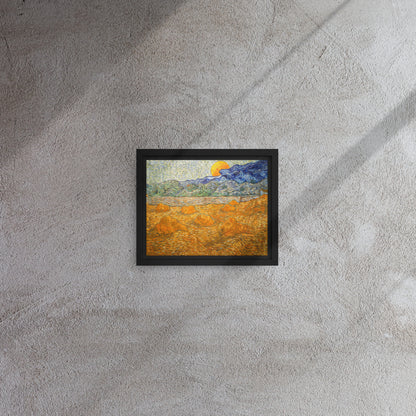 Van Gogh's 'Landscape with Wheat Sheaves and Rising Moon' on a 8"x10" black framed canvas print on a textured gray wall.