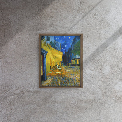 Van Gogh's 'Café Terrace at Night' on a 11"x14" brown framed canvas print on a textured gray wall.