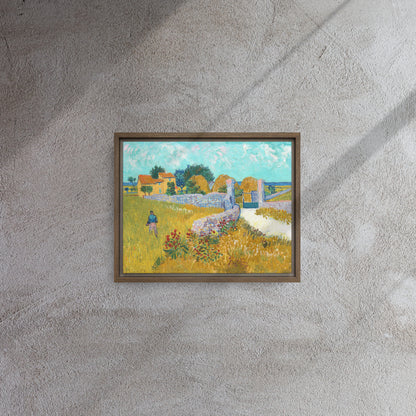 Van Gogh's 'Farmhouse in Provence' on a 11"x14" brown framed canvas print on a textured gray wall.