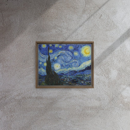 Van Gogh's 'Starry Night' on a 11"x14" brown framed canvas print on a textured gray wall.