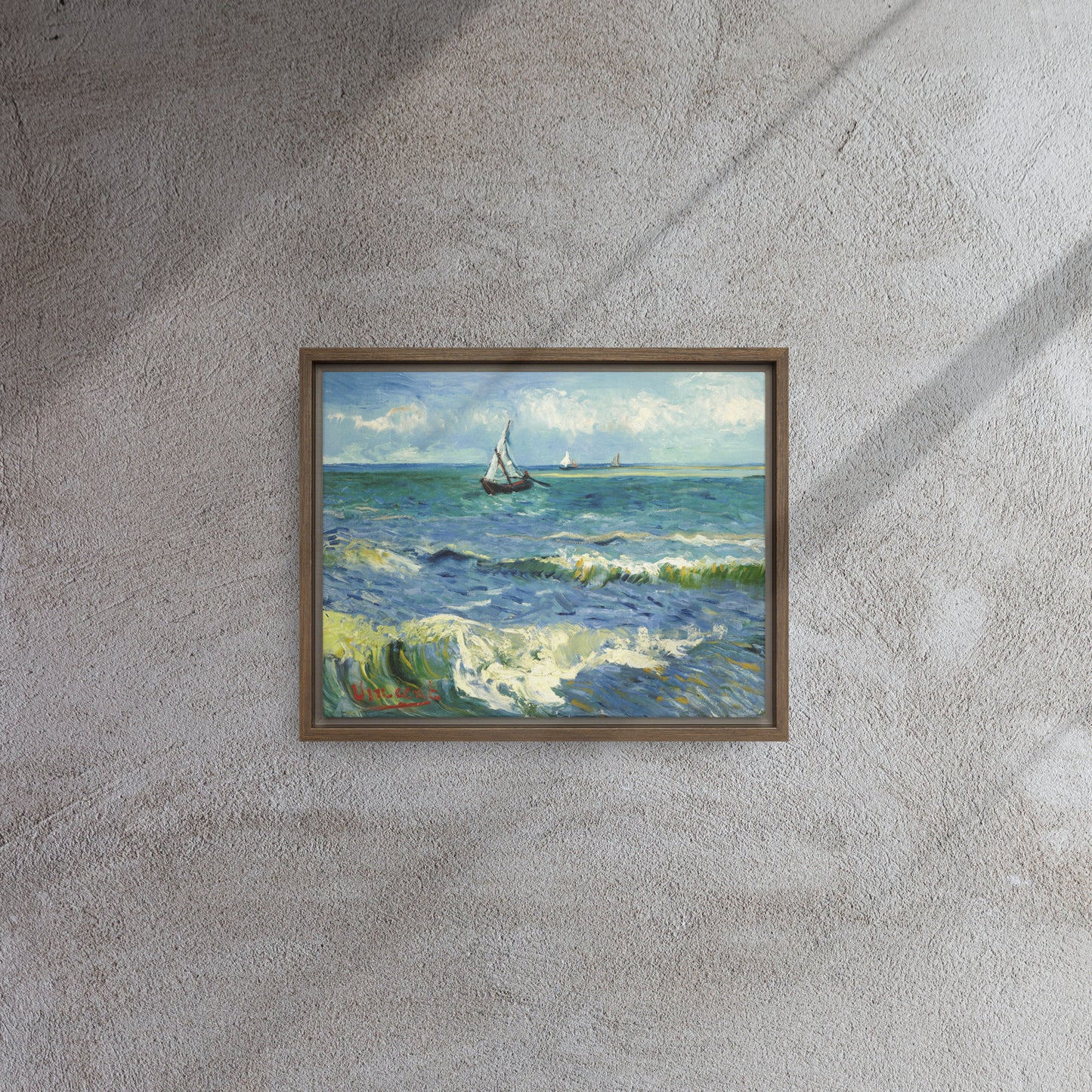 Van Gogh's 'The Sea at Les Saintes-Maries-de-la-Mer' on a 11"x14" brown framed canvas print on a textured gray wall.