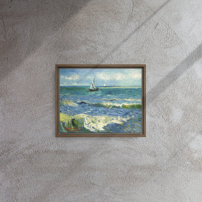Van Gogh's 'The Sea at Les Saintes-Maries-de-la-Mer' on a 11"x14" brown framed canvas print on a textured gray wall.