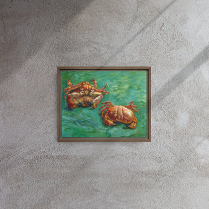 Van Gogh's 'Two Crabs' on a 11"x14" brown framed canvas print on a textured gray wall.